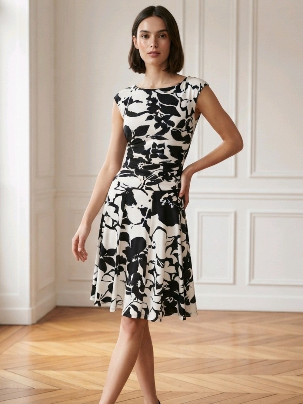 Lauren Ralph Lauren Black and White Floral Fit-and-Flare Dress